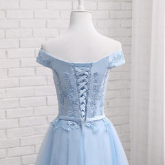 Beautiful Light Blue Off Shoulder Tulle Party Dress, Blue Homecoming Dresses