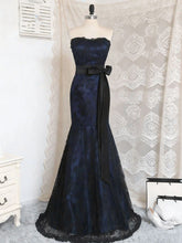 Black and Navy Blue Mermaid Strapless Party Dress, Satin and Lace Long Prom Dress