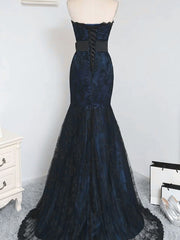 Black and Navy Blue Mermaid Strapless Party Dress, Satin and Lace Long Prom Dress