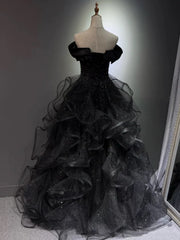 A-line Black Tulle Layers Sequins Off Shoulder Party Dress, Black Tulle Evening Dress Prom Dress