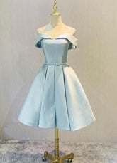 Beautiful Blue Satin Cute Short Homecoming Dress, Off Shoulder Party Dress