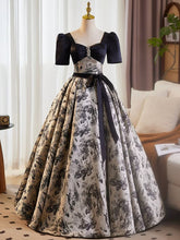 Black A-line Satin Short Sleeves Beaded Party Dress, Black Floral Satin Prom Dress
