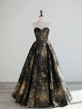 A-line Black and Gold Foral Satin Party Dress, Black Satin Prom Dress Evening Dress