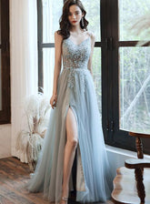 Beautiful Grey V-neckline Straps Beaded Slit Long Prom Dress, Grey Evening Gown