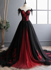 Black and Red Lace Tulle Off Shoulder Prom Dress, Black and Red Formal Dress