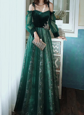 A-line Green Tulle with Lace Long Party Dress, Green Evening Prom Dress