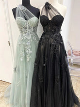 A-line One Shoulder Tulle With Lace Applique High Slit Prom Dress, Tulle Party Dress