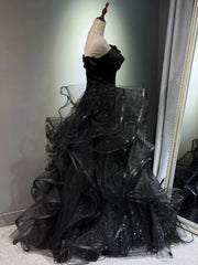 A-line Black Tulle Layers Sequins Off Shoulder Party Dress, Black Tulle Evening Dress Prom Dress