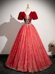 A-line Red Tulle and Velvet Short Sleeves Prom Dress, Tulle Long V-neckline Party Dress