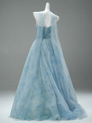 A-line Light Blue Floral Fairytale Tulle Prom Dress, Beaded Scoop Long Party Dress