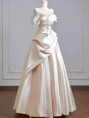 A-line Satin Light Champagne Beaded Prom Dress, Off Shoulder Satin Long Evening Gowns
