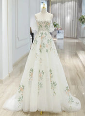 A-line Ivory Tulle with Flower Lace Wedding Party Dress, Ivory Formal Dress