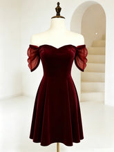 A-line Short Velvet Sweetheart Homecoming Dress, Wine Red Off Shoulder Short Party Dress