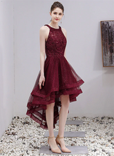 Beautiful Burgundy Halter High Low Tulle Lace Homecoming Dress, Short Party Dress Prom Dress