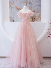 A-line Light Pink Tulle Beaded Off Shoulder Party Dress, Pink Tulle Prom Dress