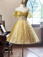 A-line Floral Tulle Knee Length Prom Dress, Sweetheart Off Shoulder Homecoming Dress