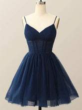 A-line Navy Blue V-neckline Straps Homecoming Dress, Navy Blue Knee Length Short Party Dress