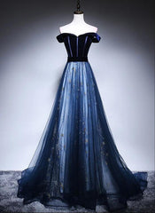 Beautiful Navy Blue Off Shoulder Long Party Dress, Long Prom Dress