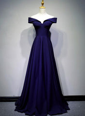 Beautiful Navy Blue A-line Spandex Long Prom Dress, Off Shoulder Bridesmaid Dress