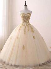 Beautiful Light Champagne Ball Gown Party Dress, Sweet 16 dress with Gold Applique