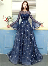 A-line Navy Blue Round Neckline Long Party Dress, Navy Blue Long Prom Dress