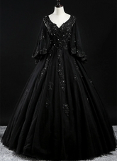 Beautiful Tulle with Lace Applique Beaded Sweet 16 Dress, V-neckline Long Formal Dress