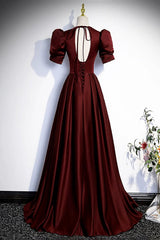 A-line Short Sleeves V-neckline Satin Prom Dress, Long Evening Dress Party Dress
