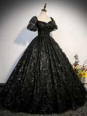 Black Lace Short Sleeves Long Evening Dress, Black Sweetheart Prom Dress Party Dress