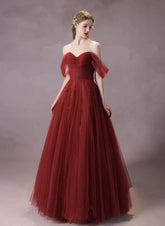 A-line Wine Red Tulle Sweetheart Long Formal Dress, Wine Red Simple Prom Dress