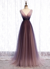Beautiful Gradient V-neckline Tulle Long Prom Dress Party Dress, Gradient Evening Gown