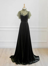 A-line Green Velvet Long Wedding Party Dress, High Neckline Prom Dress Evening Dress