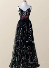 Black Floral Tulle A-line V-neckline Long Prom Dress, Black Evening Dress Party Dress