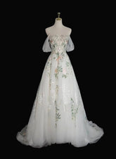 A-line Tulle with Flower Lace White Wedding Party Dress, White Tulle Evening Dress Prom Dress