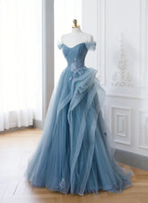 A-line Blue Tulle with Lace Off Shoulder Prom Dress, Blue Long Evening Dress