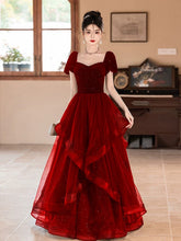 A-line Wine Red Short Sleeves Sweetheart Prom Dress, Wine Red Velvet Party Dress
