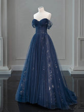 A-line Navy Blue Sweetheart Tulle Long Party Dress, Navy Blue Prom Dress