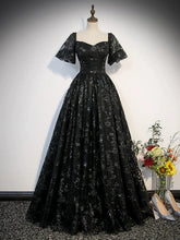 Black Lace Short Sleeves Long Evening Dress, Black Sweetheart Prom Dress Party Dress