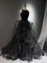 Black Halter Sequins and Tulle Beaded Prom Dress, Black Chic Long Party Dress Evening Dress