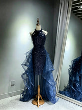A-line Navy Blue High Low Sequins with Tulle Homecoming Dress, Navy Blue Formal Dress