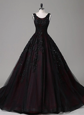 Black and Red Backless Tulle Long Formal Gown, Black and Red Long Prom Dress