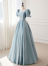 A-line Blue Satin Short Sleevs Long Formal Dress, Blue Simple Floor Length Prom Dress