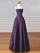 A-line Purple Satin Straps Long Formal Dress, Purple Satin Floor Length Party Dress