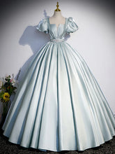 A-line Green Satin Short Sleeves Prom Dress Party Dress, Light Green Beaded Prom Dress