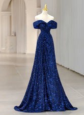 A-line Blue Sequins Off Shoulder Prom Dress, Blue Sequins Evening Dress