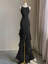 Black Mermaid Round Neckline Low Back Party Dress, Black High Low Prom Dress