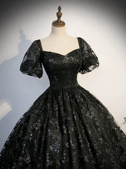 Black Lace Short Sleeves Long Evening Dress, Black Sweetheart Prom Dress Party Dress