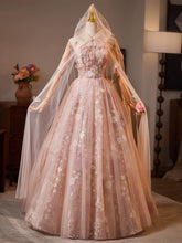 A-line Pink Tulle with Lace Floor Length Party Dress, Pink Lace Prom Dress with Cape