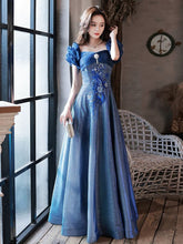 A-line Blue Sweetheart Short Sleeves Party Dress, Blue Long Prom Dress Evening Dress