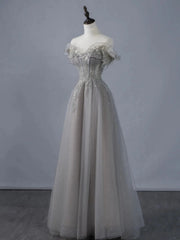 A-line Grey Tulle Sweetheart Long Prom Dress with Lace Applique, Grey Long Evening Dress Party Dress