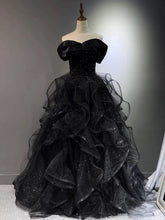 A-line Black Tulle Layers Sequins Off Shoulder Party Dress, Black Tulle Evening Dress Prom Dress